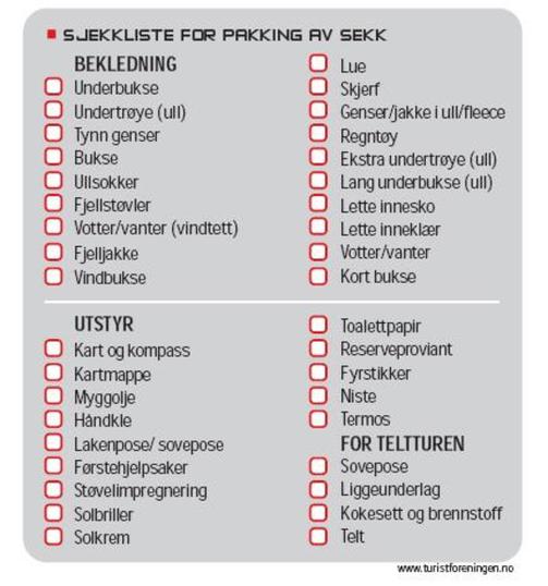 pakke sekk sjekkliste
